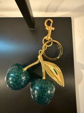Gold-Tone Keychain with Emerald Green Glitter Cherry Accent